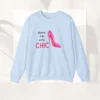 Born to Be Très Chic Sweatshirt with pink stilettos design on Gildan 18000 - Light Blue Flatlay
