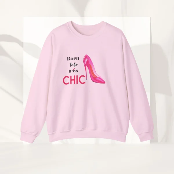 Born to Be Très Chic Sweatshirt with pink stilettos design on Gildan 18000 - Light pink flatlay
