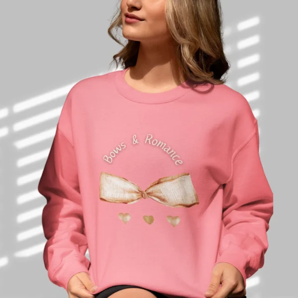 Bows & Romance sweatshirt with brow gingham bow on Gildan 18000- Safety Pink