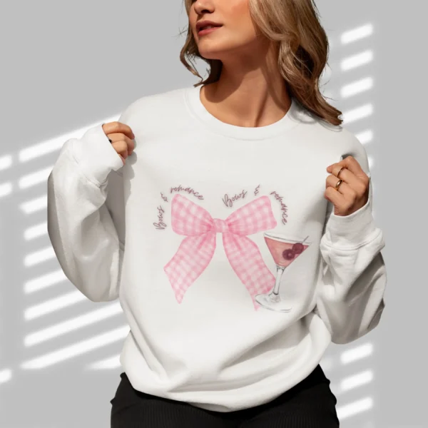 Bows & Romance with gingham pink bow and a martini on Gildan 18000- Ash