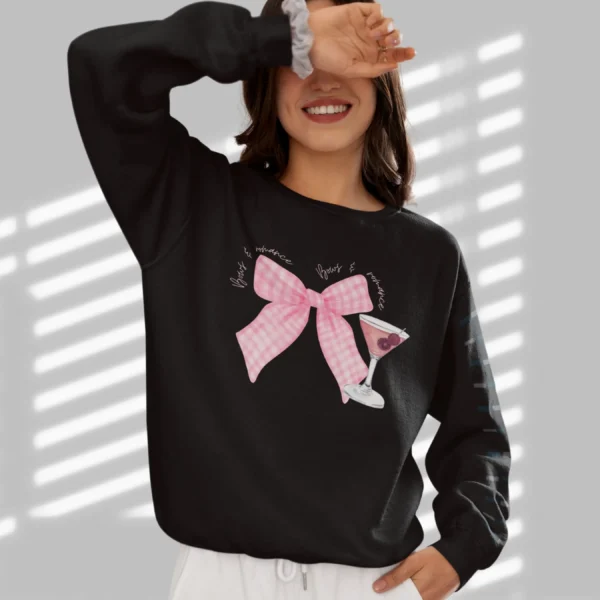 Bows & Romance with gingham pink bow and a martini on Gildan 18000- Black