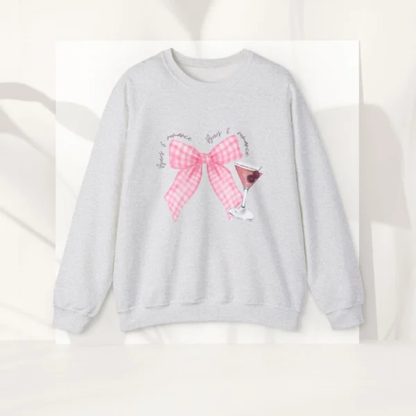 Bows & Romance with gingham pink bow and a martini on Gildan 18000- Ash Flatlay