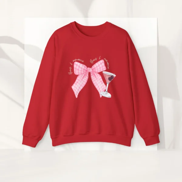 Bows & Romance with gingham pink bow and a martini on Gildan 18000- Red Flatlay