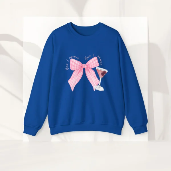 Bows & Romance with gingham pink bow and a martini on Gildan 18000- Royal Flatlay