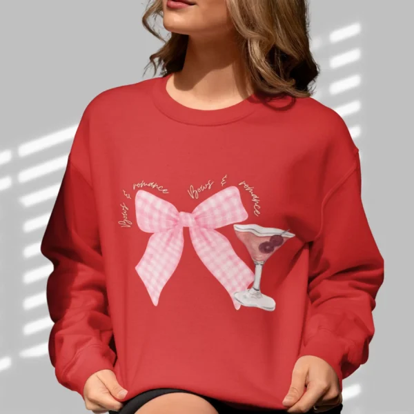 Bows & Romance with gingham pink bow and a martini on Gildan 18000- Red