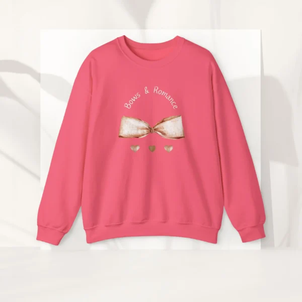 Bows & Romance sweatshirt with brow gingham bow on Gildan 18000- Safety pink Flatlay