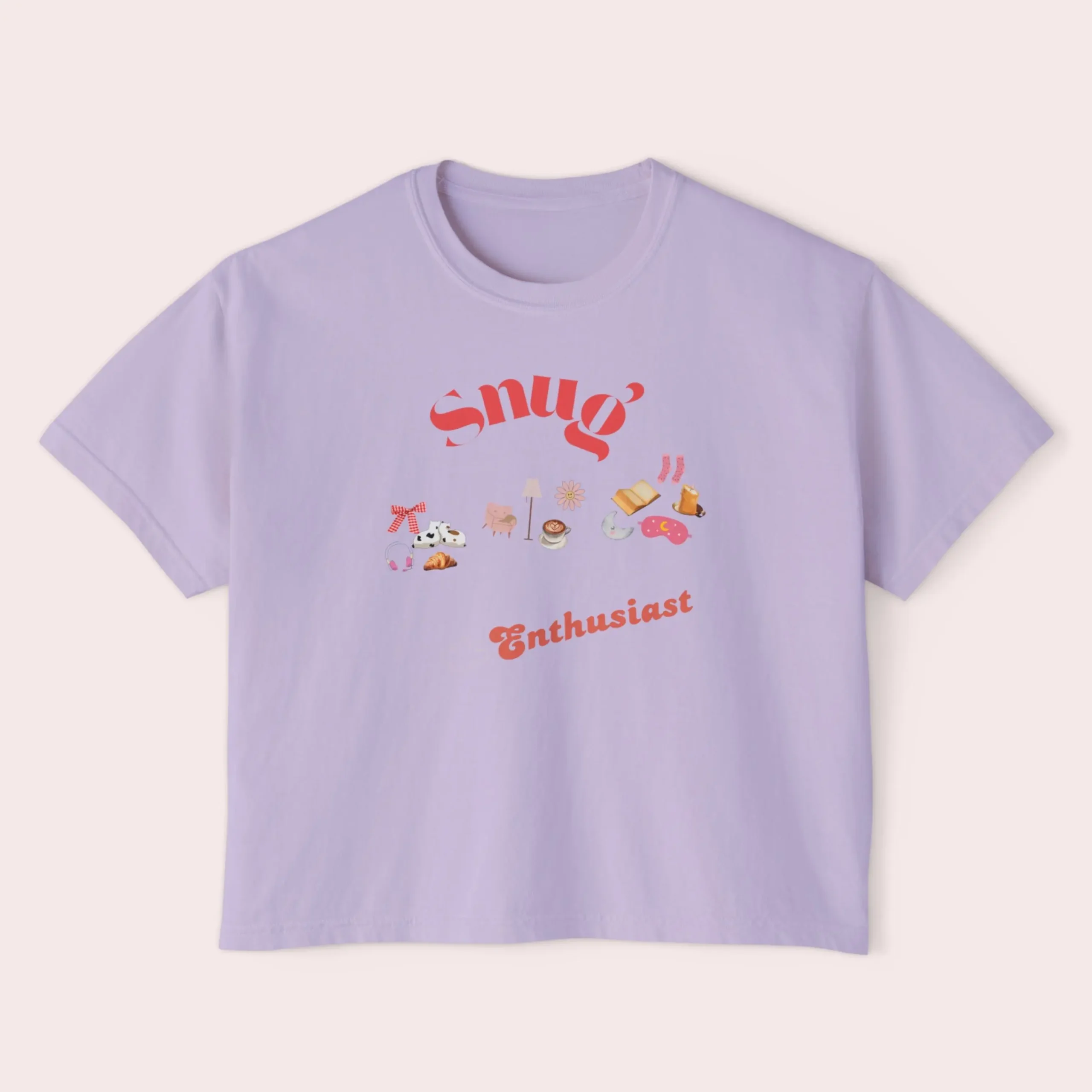 Orchid purple t-shirt with ‘Snug Enthusiast’ design — soft girl style tee by Bhoomkins.