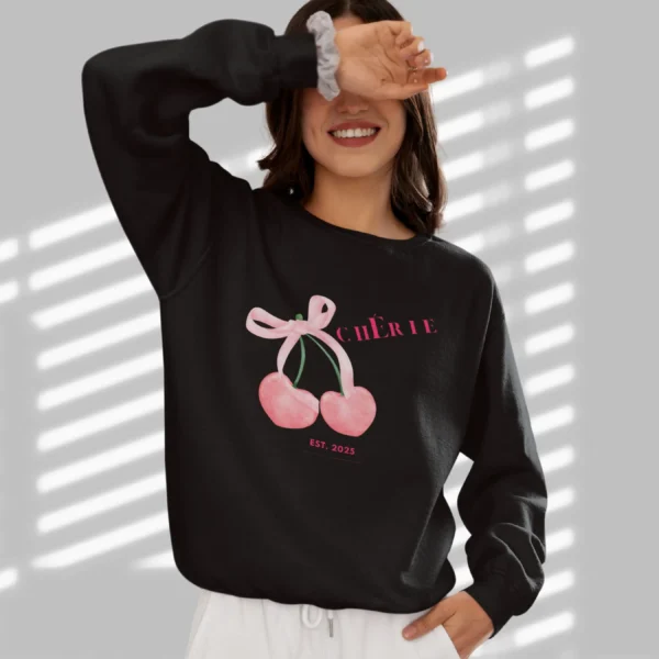 Cherie sweatshirt with cherry design on Gildan 18000 - Black