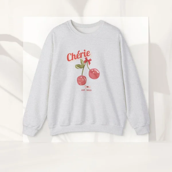 Cherie sweatshirt with cherry design on Gildan 18000 - Ash Flatlay