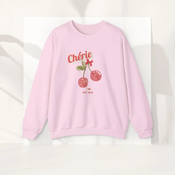 Cherie sweatshirt with cherry design on Gildan 18000 - Light Pink Flatlay