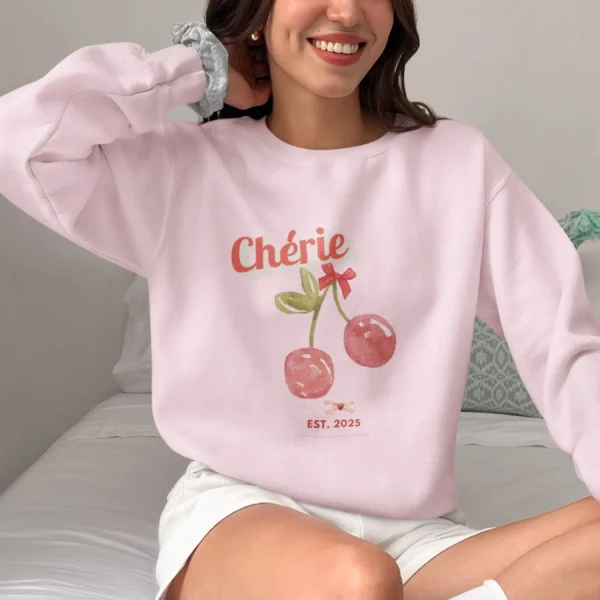 Cherie sweatshirt with cherry design on Gildan 18000 - Light Pink