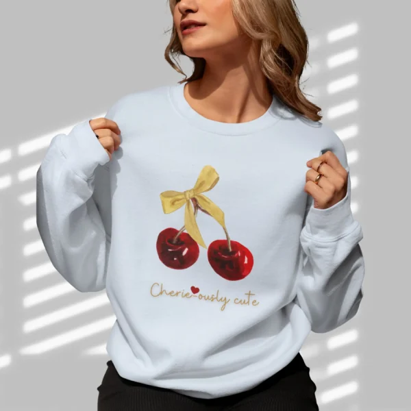 Cheriously Cute Sweatshirt with Cherries & Bow on Gildan 18000 - Light Blue