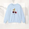Cheriously Cute Sweatshirt with Cherries & Bow on Gildan 18000 - Light Blue Flatlay