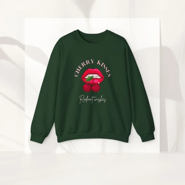 Cherry Kisses sweatshirt with lips and cherries design on Gildan 18000 crewneck - Forest Green Flatlay