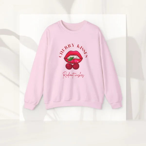 Cherry Kisses sweatshirt with lips and cherries design on Gildan 18000 crewneck - Light Pink Flatlay