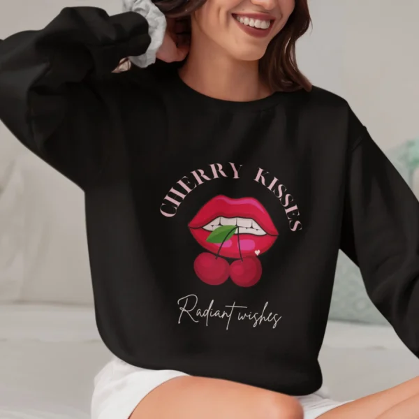 Cherry Kisses sweatshirt with lips and cherries design on Gildan 18000 crewneck - Black