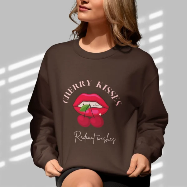 Cherry Kisses sweatshirt with lips and cherries design on Gildan 18000 crewneck - Dark Chocolate