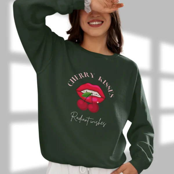 Cherry Kisses sweatshirt with lips and cherries design on Gildan 18000 crewneck - Forest Green
