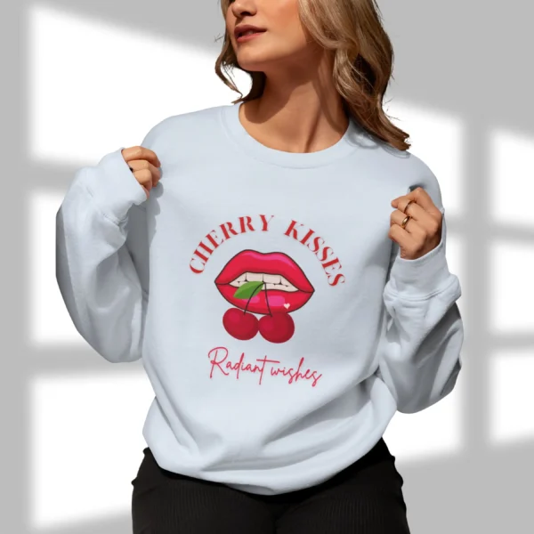 Cherry Kisses sweatshirt with lips and cherries design on Gildan 18000 crewneck - Light Blue