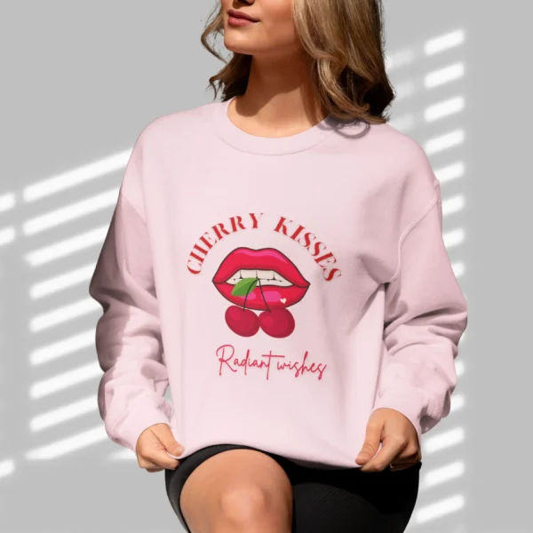 Cherry Kisses sweatshirt with lips and cherries design on Gildan 18000 crewneck - Light Pink