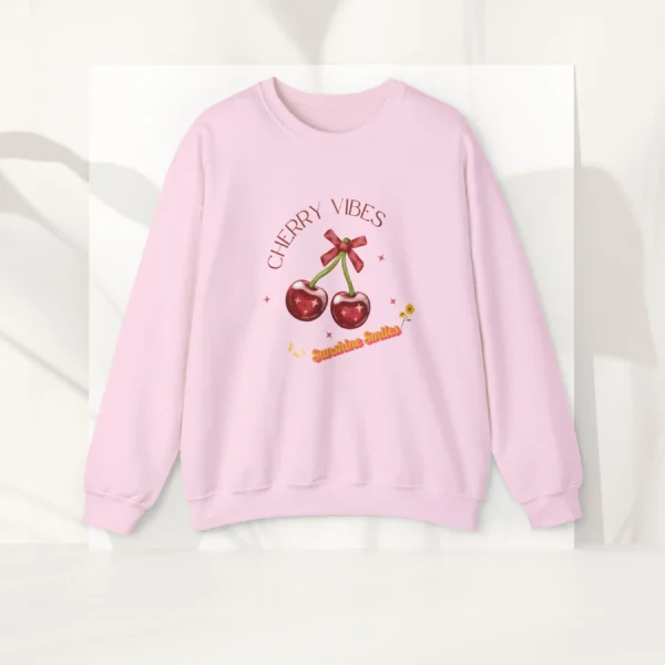 Cherry Vibes Sweatshirt with cherry design on Gildan 18000 - Light Pink Flatlay