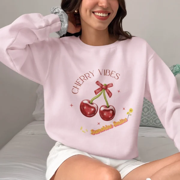 Cherry Vibes Sweatshirt with cherry design on Gildan 18000 - Light Pink