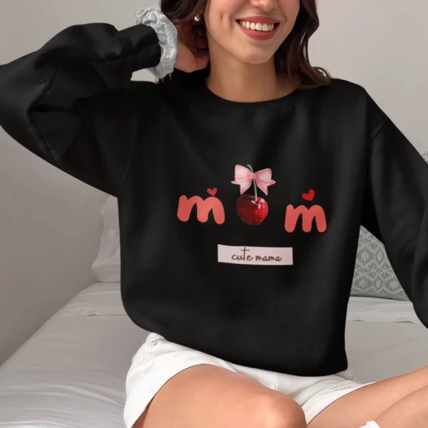 Cute Mom Sweatshirt with cherry and bow design on Gildan 18000 - Black
