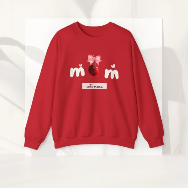 Cute Mom Sweatshirt with cherry and bow design on Gildan 18000 - Red Flatlay