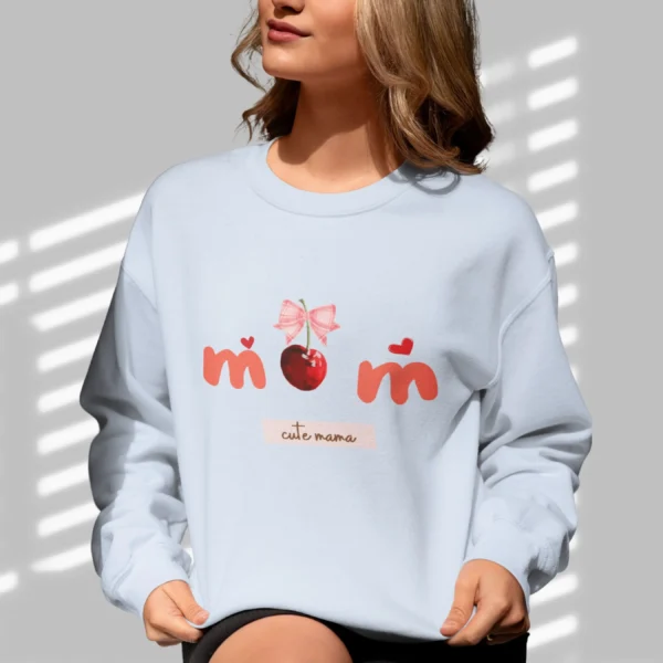 Cute Mom Sweatshirt with cherry and bow design on Gildan 18000 - Light Blue
