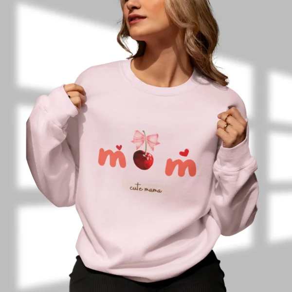 Cute Mom Sweatshirt with cherry and bow design on Gildan 18000 - Light Pink