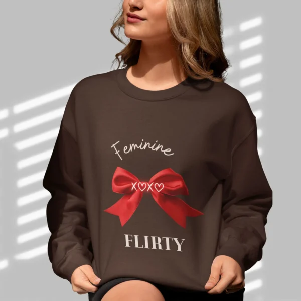 Feminine & Flirty sweatshirt with red satin bow design on Gildan 18000 - Dark Chocolate