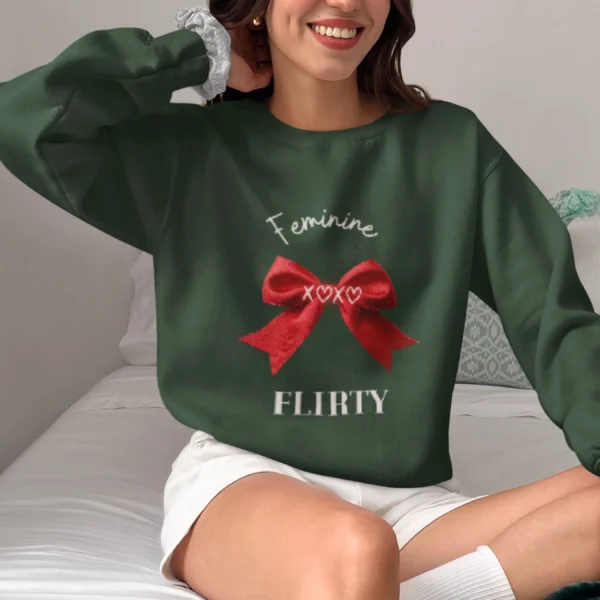 Feminine & Flirty sweatshirt with red satin bow design on Gildan 18000 - Forest Green