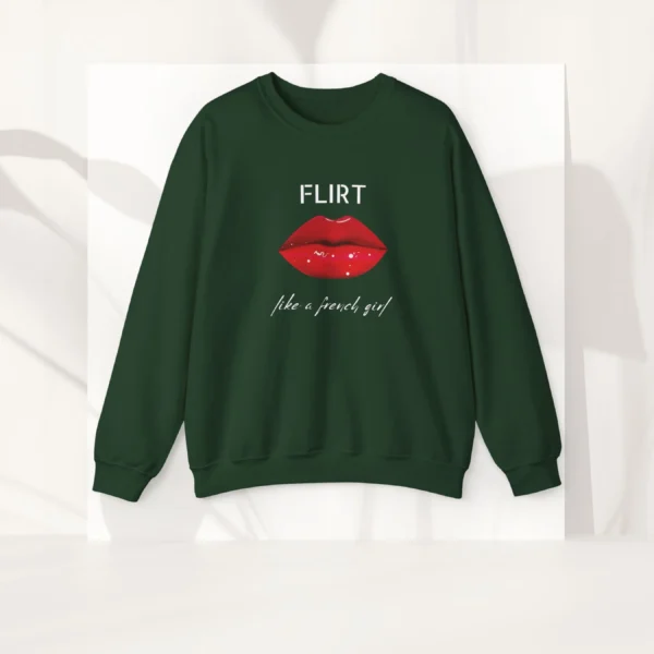 Flirt Like A French Girl with Red Lip design on Gildan 18000 - Forest Green Flatlay