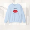 Flirt Like A French Girl with Red Lip design on Gildan 18000 - Light Blue Flatlay