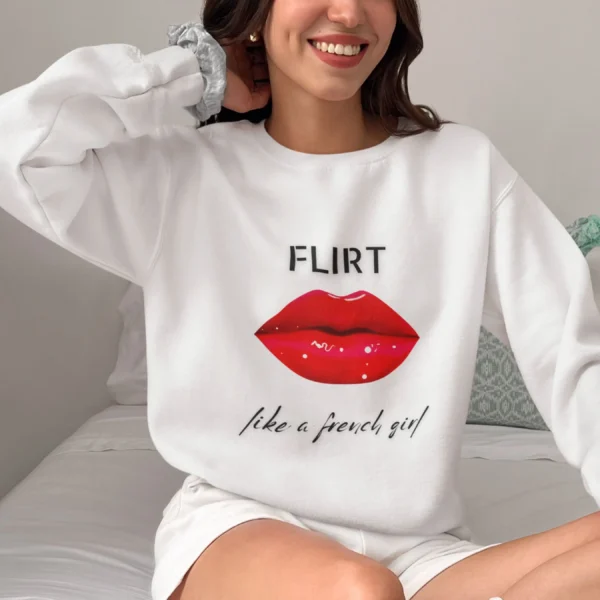 Flirt Like A French Girl with Red Lip design on Gildan 18000 - Ash
