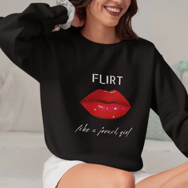 Flirt Like A French Girl with Red Lip design on Gildan 18000 - Black