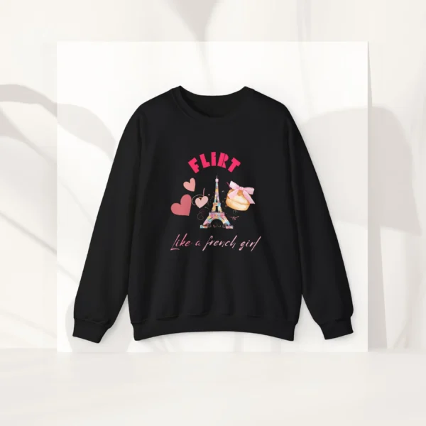 Flirt Like a French Girl sweatshirt with Eiffel Tower and macron design on Gildan 18000 - Black Flatlay