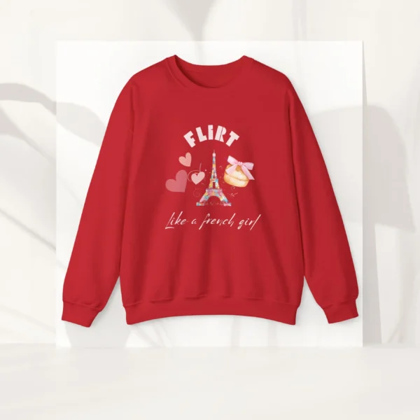 Flirt Like a French Girl sweatshirt with Eiffel Tower and macron design on Gildan 18000 - Red Flatlay