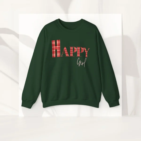 Happy Girl sweatshirt with gingham letters on Gildan 18000 - Forest Green Flatlay