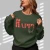 Happy Girl sweatshirt with gingham letters on Gildan 18000 - Forest Green