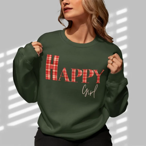 Happy Girl sweatshirt with gingham letters on Gildan 18000 - Forest Green