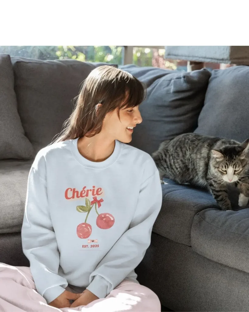 Soft girl aesthetic light blue oversized sweatshirt with cat | Bhoomkins