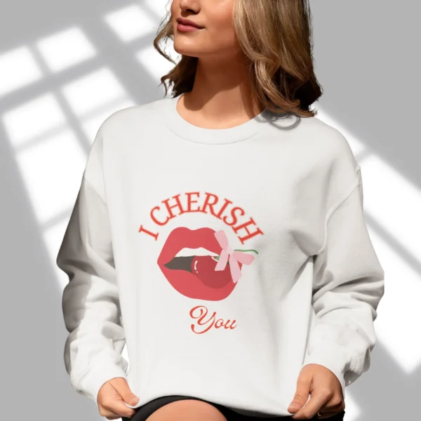 I Cherish You Sweatshirt with Lip & Cherry design on Gildan 18000 - Ash