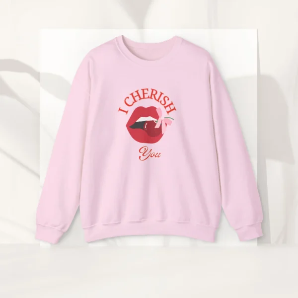 I Cherish You Sweatshirt with Lip & Cherry design on Gildan 18000 - Light Pink Flatlay