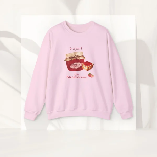 In a Jam? sweatshirt with strawberry jam design on Gildan 18000 - Light Pink Flatlay