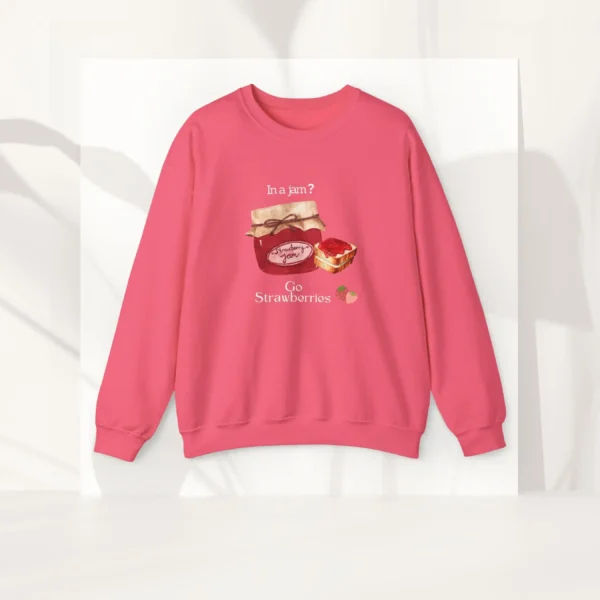 In a Jam? sweatshirt with strawberry jam design on Gildan 18000 - Safety Pink Flatlay