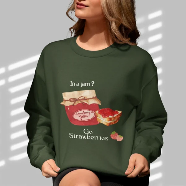 In a Jam? sweatshirt with strawberry jam design on Gildan 18000 - Forest Green