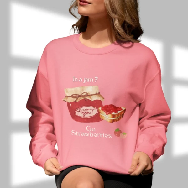 In a Jam? sweatshirt with strawberry jam design on Gildan 18000 - Safety Pink