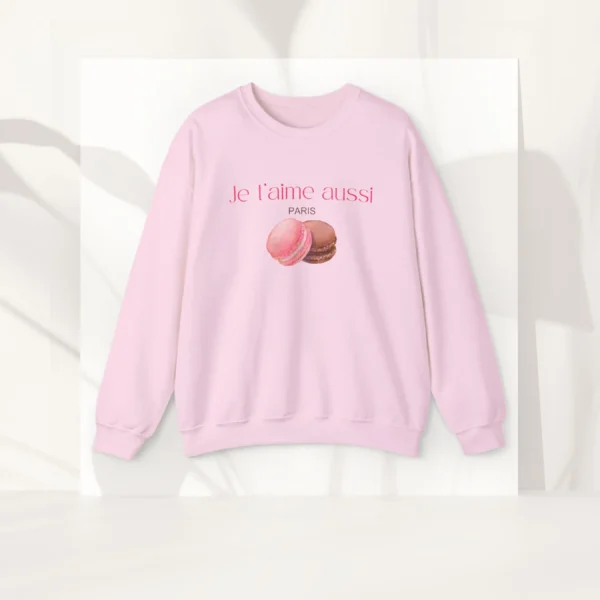 Je t’aime aussi Paris sweatshirt with macaron design on red Gildan 18000 crewneck - Light Pink Flatlay