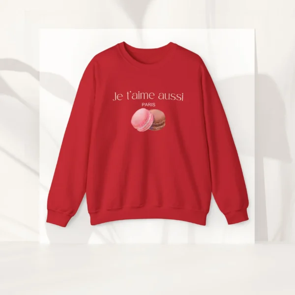Je t’aime aussi Paris sweatshirt with macaron design on red Gildan 18000 crewneck - Red Flatlay
